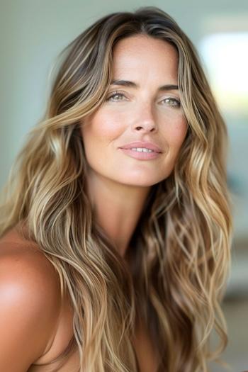 Sunkissed Piecey Waves Hairstyle on a woman with highlighted brown hair.