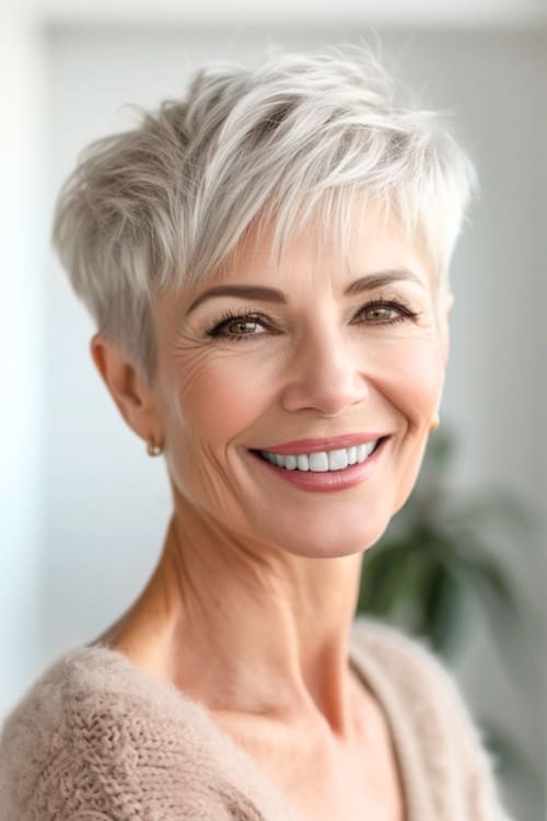 Swept forward pixie hairstyle on smiling woman in her 60s.