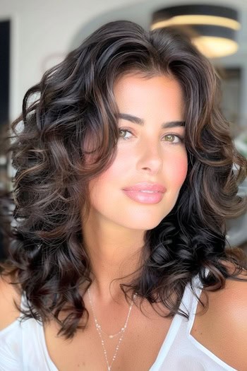 Swooping Curls with Center Part Hairstyle on smiling woman with brown hair.