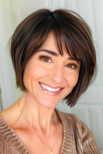 Tapered Bob With Bangs Short Hairstyle For Thick Hair.