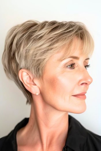 Tapered Feathered Pixie Hairstyle on smiling older woman with blonde hair.