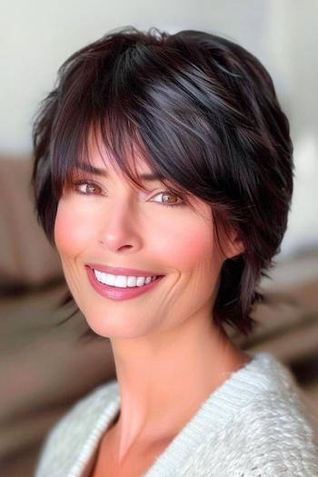 Tapered Layered Pixie Hairstyle on a smiling woman with dark brown hair.