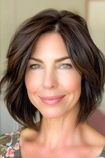 Tapered Layers Hairstyle on smiling woman with brown hair.