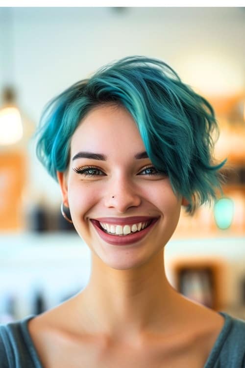 Teal blue pixie cut.