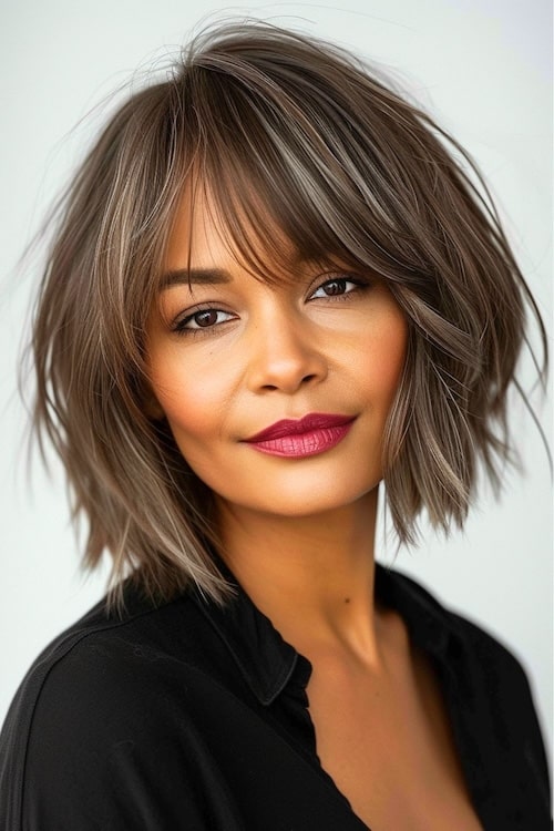 Textured bob with bangs on beautiful black woman wearing red lipstick and black blouse.