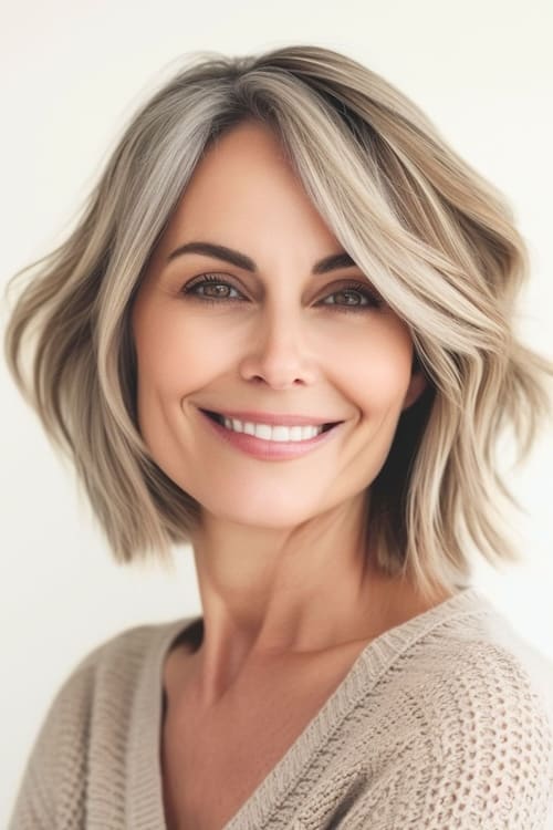 Textured bob with highlights on smiling older woman.