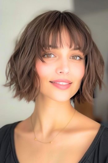 Textured Bob With Wispy Bangs Hairstyle For Thin Hair.