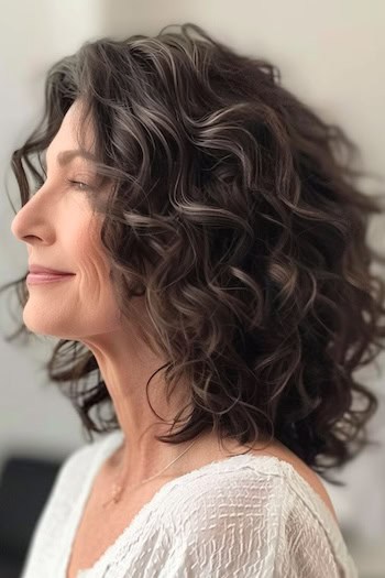 Textured Curly Lob Hairstyle on smiling older woman with brown hair.