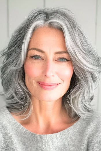 Textured Face-Framing Mid-Length Cut Hairstyle on a smiling woman with medium-length silver gray hair.