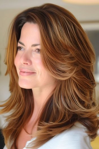 Textured Feathered Layers Hairstyle on a smiling woman with medium-length auburn brown hair.