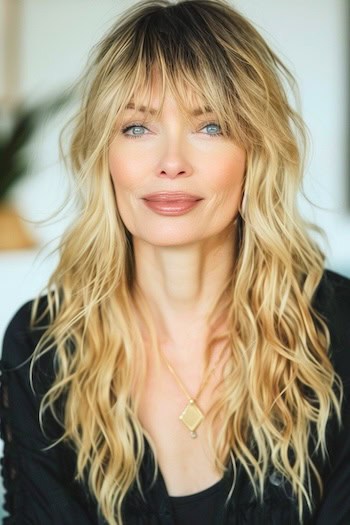 Textured Golden Wavy Shag Hairstyle on smiling woman with long blonde hair.