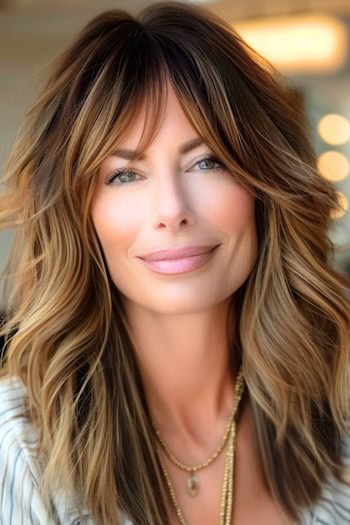 Textured Highlighted Shaggy Cut Hairstyle on a smiling woman with medium-length brown hair.