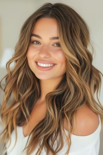 Textured Highlighted Waves Hairstyle on a smiling woman with brown hair and blonde highlights.