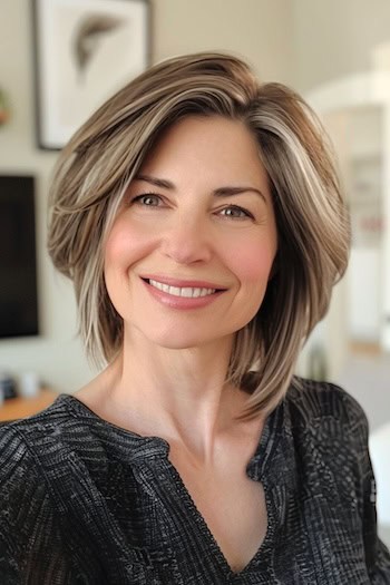 Textured Layered Bob Hairstyle For Women Over 40.