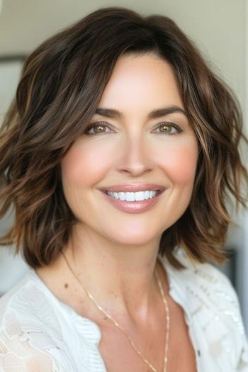 Textured Layered Bob Hairstyle on a smiling woman with brown hair.