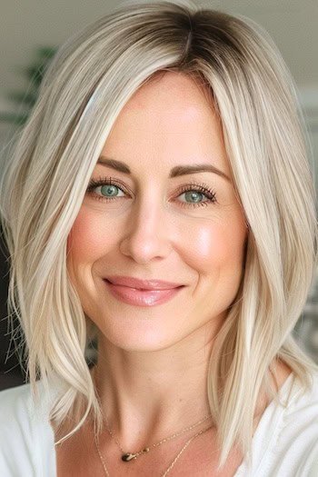 Textured Layered Lob Hairstyle on a smiling woman with medium-length blonde hair.