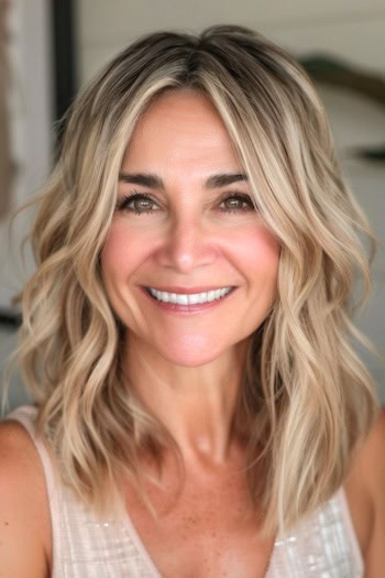 Textured Layered Lob Hairstyle on smiling woman with blonde hair.