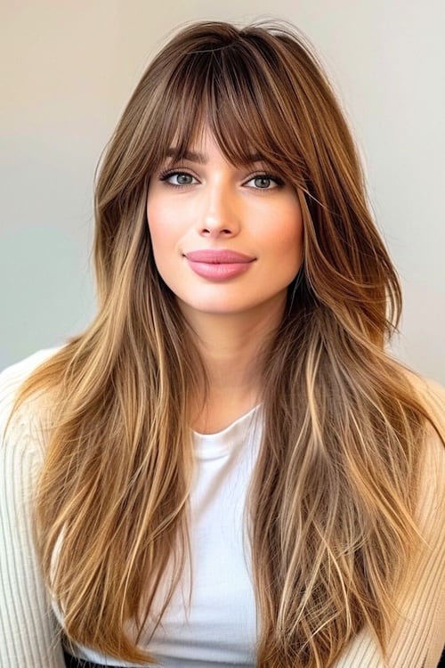 Textured layers on beautiful woman with long brown hair with bangs.