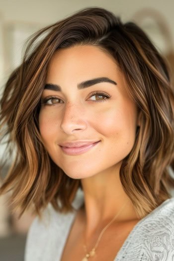 Textured Lob With Choppy Ends Hairstyle on a smiling woman with medium-length brown hair.