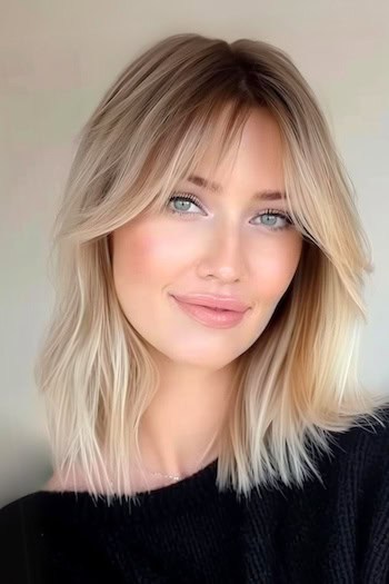 Textured Lob with Curtain Bangs Shoulder-Length Haircut.