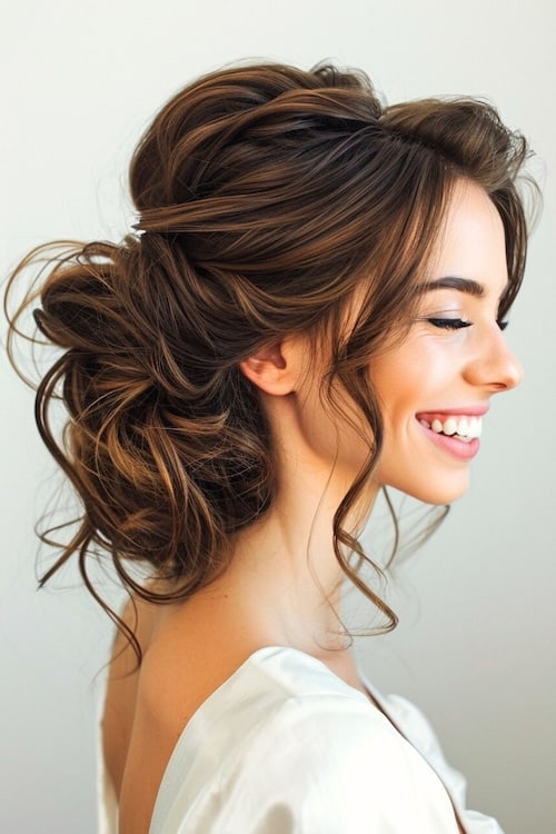 Textured Low Bun with Volume. Side view of smiling woman with long brown hair in bun.