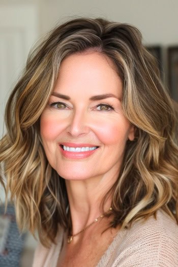 Textured Mid-Length Cut With Piecey Ends Hairstyle on a smiling older woman with brown hair.