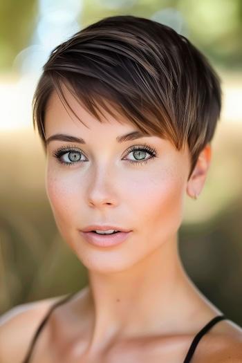 Textured Pixie Hairstyle on a young woman with brown hair.