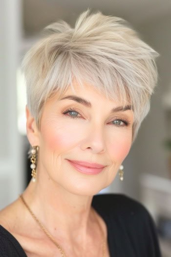 Textured Pixie with Side Part Hairstyle on smiling older woman with blonde silver hair.