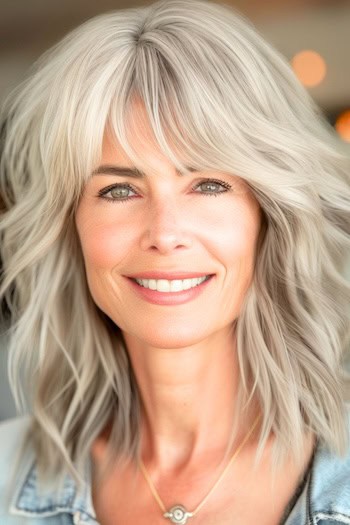 Textured Shaggy Cut Hairstyle on a smiling woman with shoulder-length silver hair.