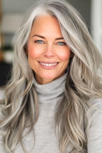 Textured Silver Layered Waves Hairstyle on a smiling woman with silver gray hair.