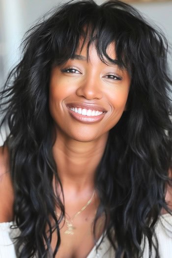 Textured Voluminous Layers Hairstyle on smiling black woman with long black hair.