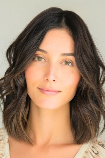 Textured Wavy Layers Hairstyle on woman with brown hair.