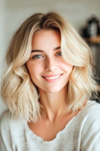 Thick Blonde Waves Shoulder-Length Haircut.