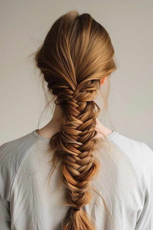 Thick messy fishtail braid. From back.