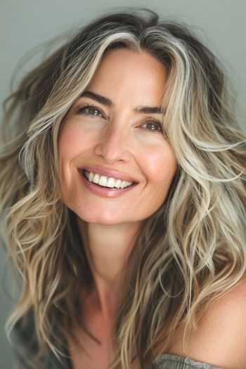 Tousled Beach Waves With Highlights Hairstyle on a smiling woman with medium-length dark hair with light blonde highlights.