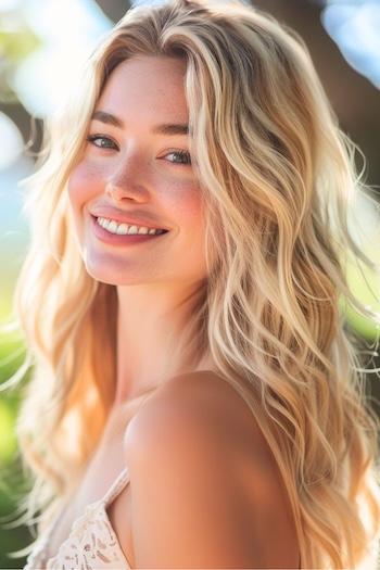 Tousled Beachy Waves Hairstyle on a smiling woman with blonde hair.