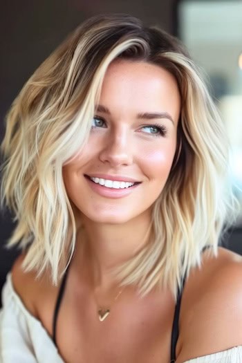 Tousled Blonde Layers with Dark Roots Shoulder-Length Haircut.