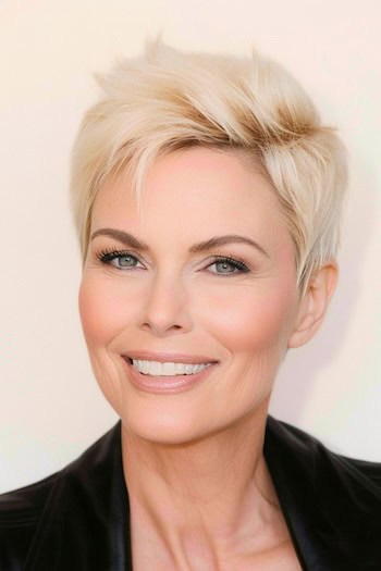 Tousled Blonde Pixie Hairstyle on smiling older woman with blonde hair.