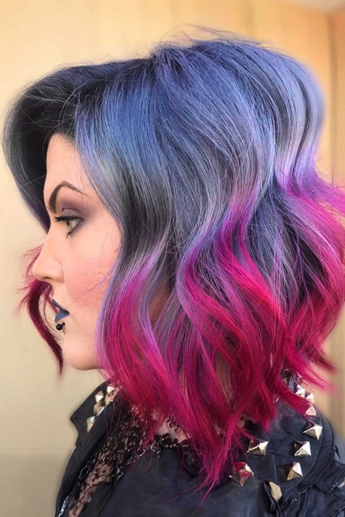 Tousled Bob With Dark, Pink, And Purple Streaks