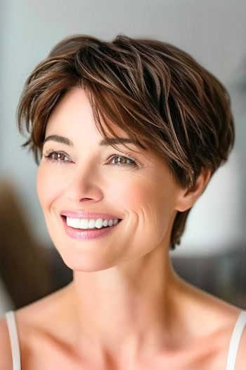 Tousled Brown Pixie Hairstyle on smiling older woman.