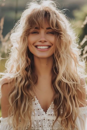 Tousled Layered Blonde Waves with Full Bangs.