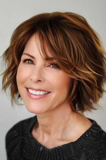 Tousled Layered Bob with Side-Swept Bangs Hairstyle on a smiling woman with brown hair.