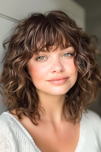 Tousled Layered Curls with Bangs Hairstyle on smiling young woman with brown hair.