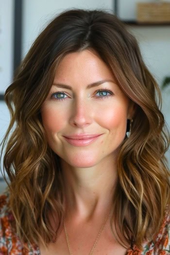 Tousled Layered Waves Hairstyle on smiling woman with brown hair.