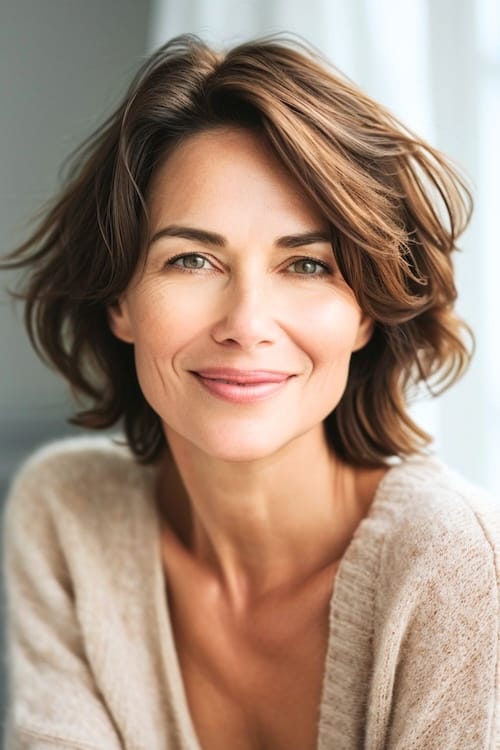 Tousled layered waves on woman over 50.