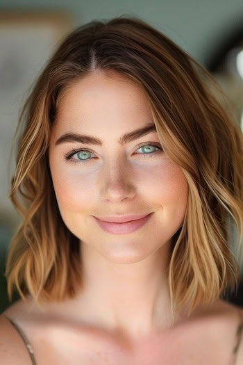 Tousled Lob Hairstyle on smiling woman with brown hair.