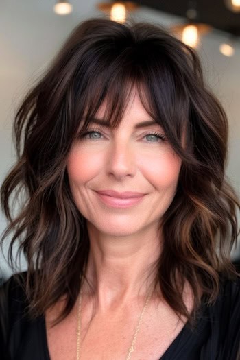 Tousled Medium-Length Shaggy Cut Hairstyle on a smiling woman with shoulder-length brown hair.