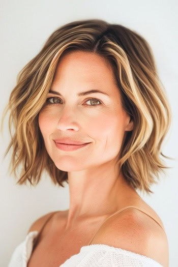 Tousled Piecey Wavy Bob Hairstyle For Women Over 40.