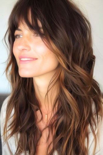 Tousled Shag With Subtle Highlights Hairstyle on smiling woman with long brown hair.