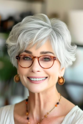 Tousled Shaggy Pixie Hairstyle on smiling older woman with silver gray hair.